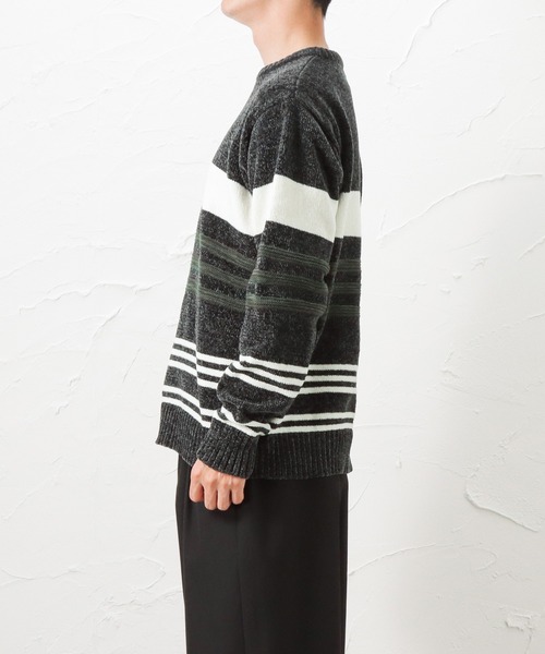 NAVY(ネイビー)の「NAVY ネイビー モールニット ボーダークルーセーター(ニット/セーター・メンズ・チャコール/グリーン/ネイビー/レッド・M/L/XL)」の9枚目の写真