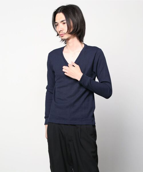 Bling Leads(ブリングリーズ)の「20/- サーマル 袖リブ Vネック ロング Tシャツ(Tシャツ/カットソー・メンズ・ホワイト/ブラック/ベージュ/ネイビー/グレー/カーキ/ライトピンク・M/L/XL)」の2枚目の写真