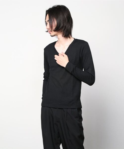 Bling Leads(ブリングリーズ)の「20/- サーマル 袖リブ Vネック ロング Tシャツ(Tシャツ/カットソー・メンズ・ホワイト/ブラック/ベージュ/ネイビー/グレー/カーキ/ライトピンク・M/L/XL)」の4枚目の写真