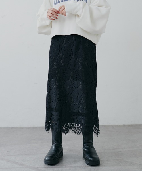 natural couture(ナチュラルクチュール)の「【王道のフラワーレース!2サイズ展開】裾スカラップフラワーレースタイトスカート Sサイズ(スカート・レディース・ブラック/グレー/オフホワイト/カーキ/サックスブルー・SMALL)」の19枚目の写真