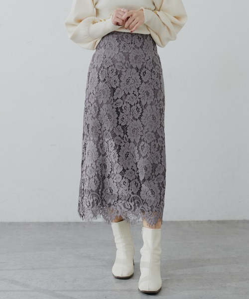 natural couture(ナチュラルクチュール)の「【王道のフラワーレース!2サイズ展開】裾スカラップフラワーレースタイトスカート Sサイズ(スカート・レディース・ブラック/グレー/オフホワイト/カーキ/サックスブルー・SMALL)」の9枚目の写真