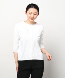 【ストレッチジョーゼット素材】*七分袖*フロントタックバイカラーブラウス