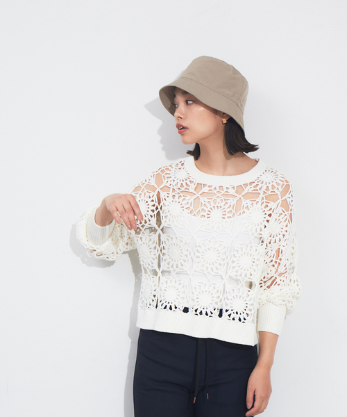 NOMINE（ノミネ）の「かぎ編レースニットプルオーバー（ニット/セーター・レディース・ホワイト/オレンジ/グリーン/ダークネイビー・フリー）」の2枚目の写真