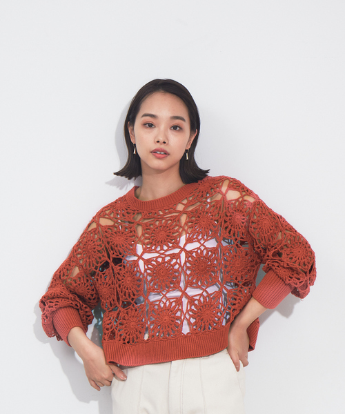 NOMINE（ノミネ）の「かぎ編レースニットプルオーバー（ニット/セーター・レディース・ホワイト/オレンジ/グリーン/ダークネイビー・フリー）」の15枚目の写真