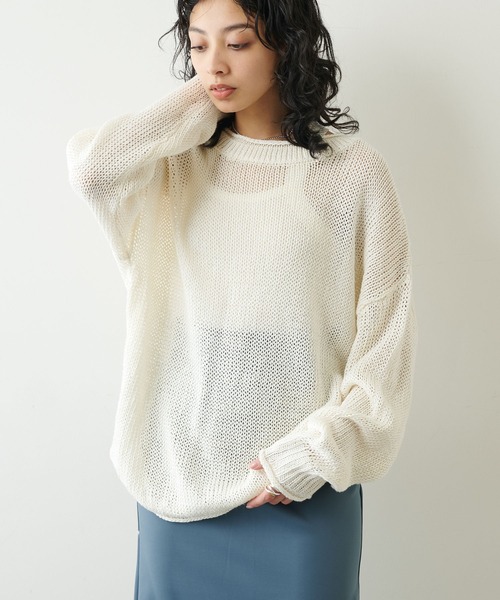 Whim Gazette - 美品　ウィムガゼット  シアー　ニット　カーキ　ベージュ　リネン混　長袖 Whim Gazette（ウィムガゼット）の「リネンプルオーバー（ニット