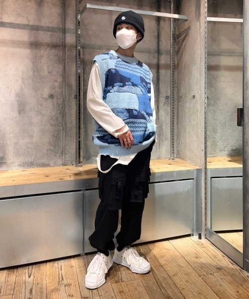 XU（エックスユー）の「【XU/エックスユー】vintage knit vest/ビンテージ パッチワーク カラー ニットベスト Vネックベスト カラーニット（ベスト・メンズ・オレンジ/ブルー・ONE SIZE）」の4枚目の写真