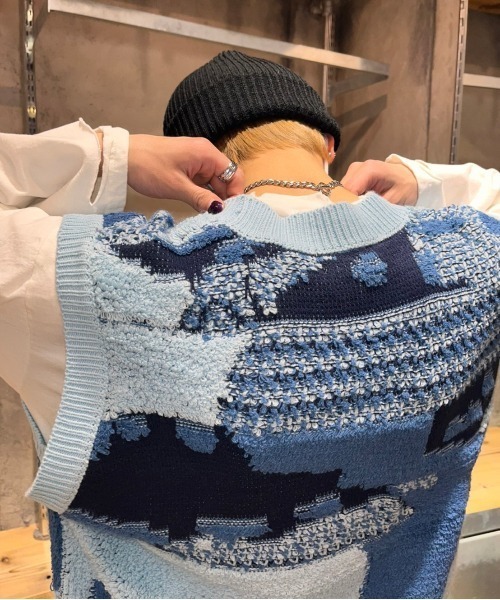 XU（エックスユー）の「【XU/エックスユー】vintage knit vest/ビンテージ パッチワーク カラー ニットベスト Vネックベスト カラーニット（ベスト・メンズ・オレンジ/ブルー・ONE SIZE）」の14枚目の写真