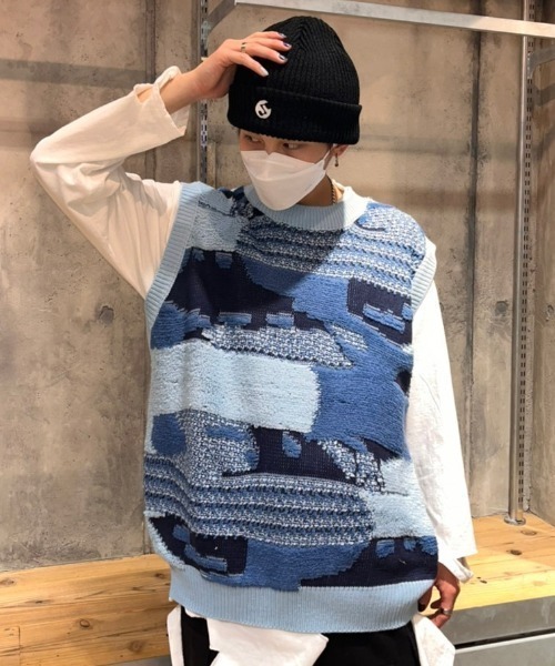 XU（エックスユー）の「【XU/エックスユー】vintage knit vest/ビンテージ パッチワーク カラー ニットベスト Vネックベスト カラーニット（ベスト・メンズ・オレンジ/ブルー・ONE SIZE）」の10枚目の写真