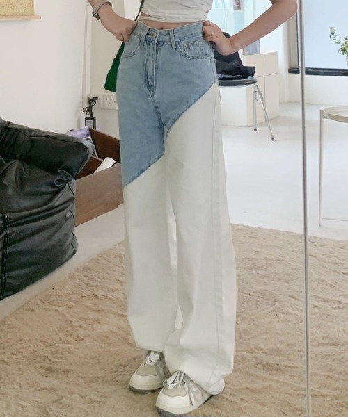 Opinion korean town(オピニオン コリアン タウン)の「Bicolor white denim pt(デニムパンツ・レディース・ホワイト・S/M/L)」の2枚目の写真