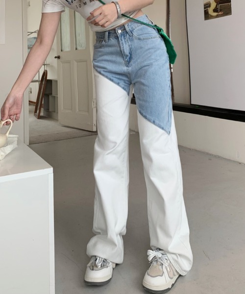 Opinion korean town(オピニオン コリアン タウン)の「Bicolor white denim pt(デニムパンツ・レディース・ホワイト・S/M/L)」の3枚目の写真