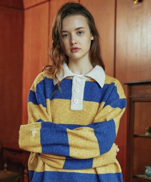 WaiKei(ワイケイ)の「【WaiKei 】ラグビーストライプ カラーウールニット / Rugby stripe collar wool knit(ニット/セーター・レディース・ブルー/レッド・1/2)」の3枚目の写真