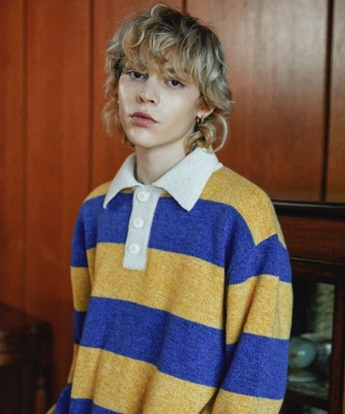 WaiKei(ワイケイ)の「【WaiKei 】ラグビーストライプ カラーウールニット / Rugby stripe collar wool knit(ニット/セーター・レディース・ブルー/レッド・1/2)」の4枚目の写真