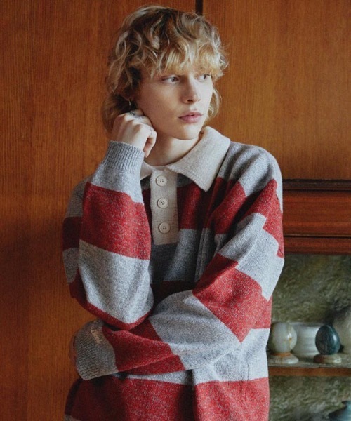 WaiKei(ワイケイ)の「【WaiKei 】ラグビーストライプ カラーウールニット / Rugby stripe collar wool knit(ニット/セーター・レディース・ブルー/レッド・1/2)」の6枚目の写真