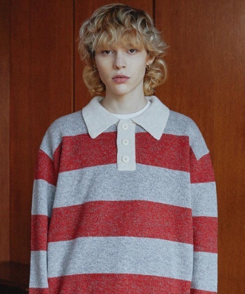 WaiKei(ワイケイ)の「【WaiKei 】ラグビーストライプ カラーウールニット / Rugby stripe collar wool knit(ニット/セーター・レディース・ブルー/レッド・1/2)」の7枚目の写真