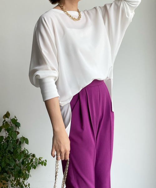 DouDou（ドゥドゥ）の「リブ切替ジョーゼットドルマンブラウス（シャツ/ブラウス・レディース・チャコールグレー/オフホワイト/サックスブルー・FREE）」の15枚目の写真