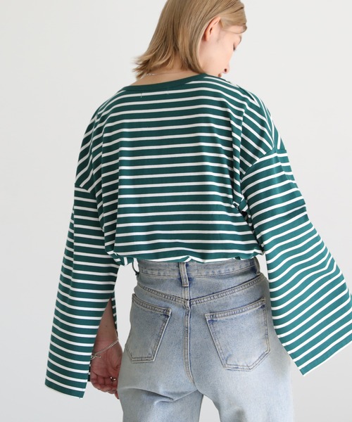 select MOCA(セレクトモカ)の「カットスリーブボーダーロングTシャツ(Tシャツ/カットソー・レディース・ホワイト/グリーン・FREE)」の13枚目の写真