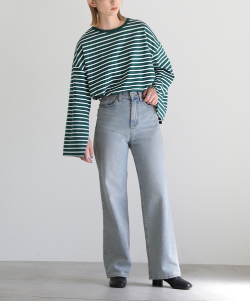 select MOCA(セレクトモカ)の「カットスリーブボーダーロングTシャツ(Tシャツ/カットソー・レディース・ホワイト/グリーン・FREE)」の12枚目の写真