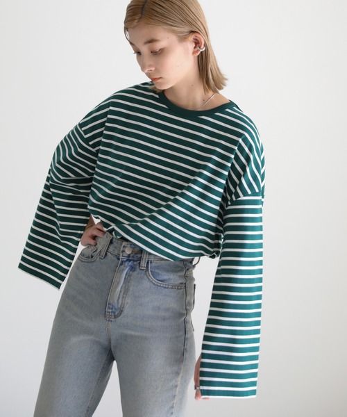 select MOCA(セレクトモカ)の「カットスリーブボーダーロングTシャツ(Tシャツ/カットソー・レディース・ホワイト/グリーン・FREE)」の11枚目の写真