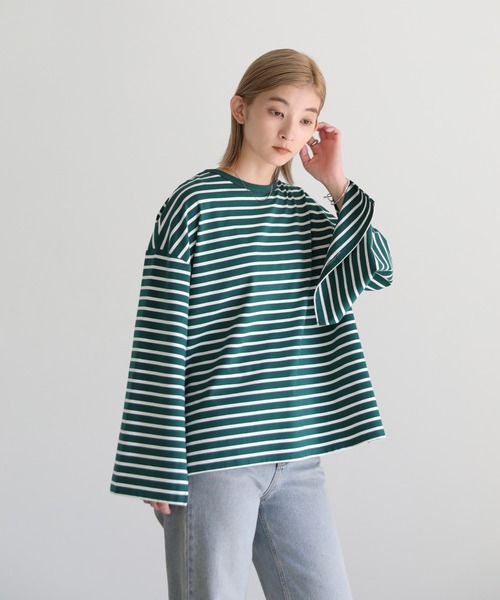 select MOCA(セレクトモカ)の「カットスリーブボーダーロングTシャツ(Tシャツ/カットソー・レディース・ホワイト/グリーン・FREE)」の14枚目の写真