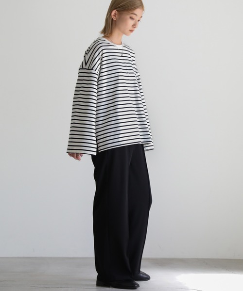 select MOCA(セレクトモカ)の「カットスリーブボーダーロングTシャツ(Tシャツ/カットソー・レディース・ホワイト/グリーン・FREE)」の9枚目の写真