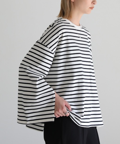 select MOCA(セレクトモカ)の「カットスリーブボーダーロングTシャツ(Tシャツ/カットソー・レディース・ホワイト/グリーン・FREE)」の10枚目の写真