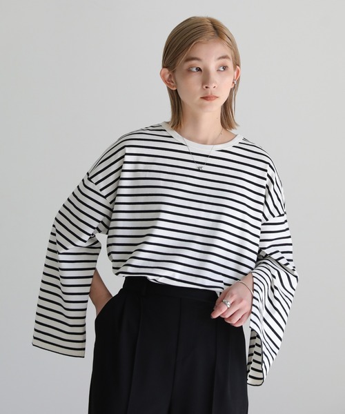 select MOCA(セレクトモカ)の「カットスリーブボーダーロングTシャツ(Tシャツ/カットソー・レディース・ホワイト/グリーン・FREE)」の6枚目の写真