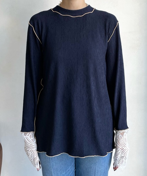 DouDouレース袖 ブラック Tシャツ DouDou tシャツ Tシャツ レース切替袖メロートップス : ZOZOTOWN