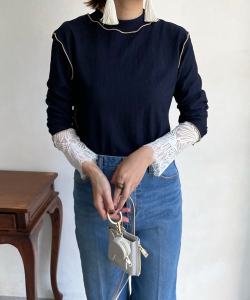 DouDou（ドゥドゥ）の「レース切替袖メロートップス（Tシャツ