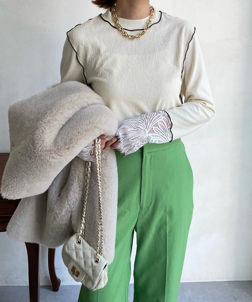 DouDou（ドゥドゥ）の「レース切替袖メロートップス（Tシャツ/カットソー・レディース・ネイビー/オフホワイト/ブラック/アイボリー/ベージュ・FREE）」の10枚目の写真