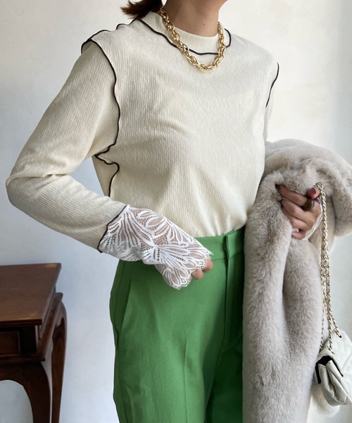 DouDou（ドゥドゥ）の「レース切替袖メロートップス（Tシャツ/カットソー・レディース・ネイビー/オフホワイト/ブラック/アイボリー/ベージュ・FREE）」の13枚目の写真