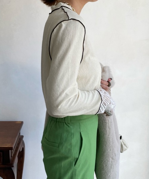 DouDou（ドゥドゥ）の「レース切替袖メロートップス（Tシャツ/カットソー・レディース・ネイビー/オフホワイト/ブラック/アイボリー/ベージュ・FREE）」の18枚目の写真