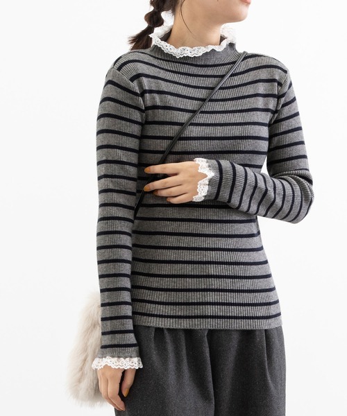 POU DOU DOU(プードゥドゥ)の「シアバターレース使いリブニット(ニット/セーター・レディース・アイボリー/ブラック/ベージュ/グレー・3)」の3枚目の写真