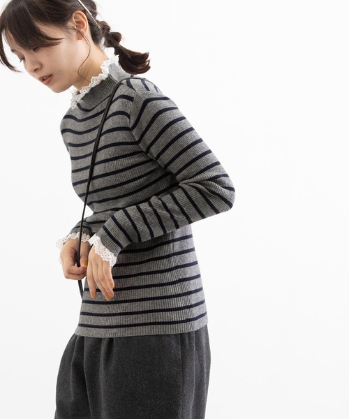 POU DOU DOU(プードゥドゥ)の「シアバターレース使いリブニット(ニット/セーター・レディース・アイボリー/ブラック/ベージュ/グレー・3)」の5枚目の写真