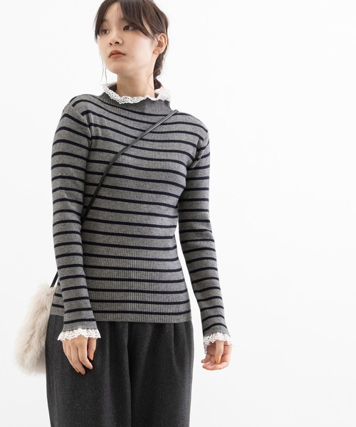 POU DOU DOU(プードゥドゥ)の「シアバターレース使いリブニット(ニット/セーター・レディース・アイボリー/ブラック/ベージュ/グレー・3)」の6枚目の写真