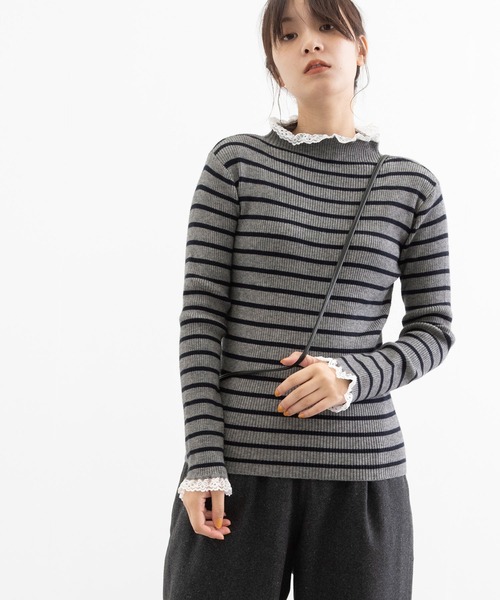 POU DOU DOU(プードゥドゥ)の「シアバターレース使いリブニット(ニット/セーター・レディース・アイボリー/ブラック/ベージュ/グレー・3)」の7枚目の写真