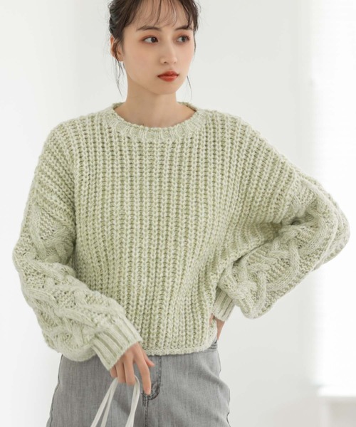 fifth(フィフス)の「【スタイリストレコメンド】ケーブルスリーブミックスニット(ニット/セーター・レディース・グリーン/ネイビー/ベージュ・M)」の1枚目の写真