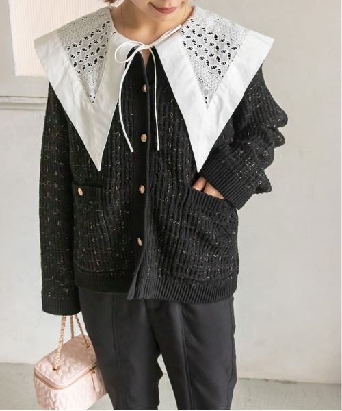 RANDA（ランダ）の「ラメ混ツイードライクニットカーディガン（カーディガン/ボレロ・レディース・ブラック/ホワイト/ベージュ・FREE）」の14枚目の写真