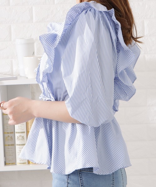 ストライプ柄フリルカシュクール風トップス（シャツ/ブラウス