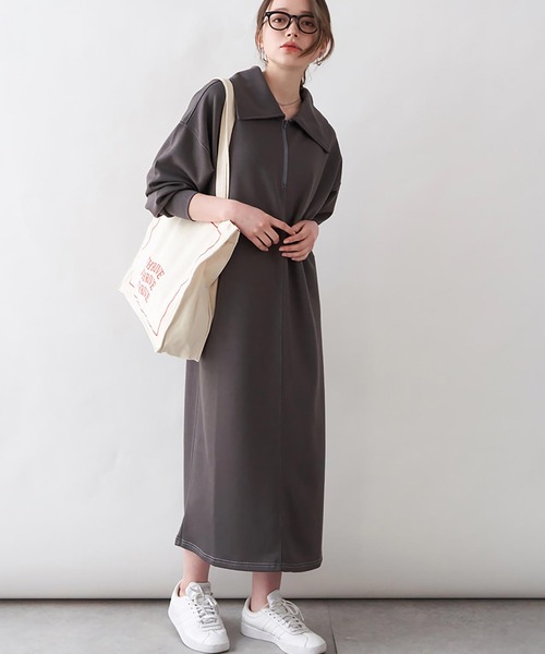 Rejoule(リジュール)の「配色ステッチビッグカラーワンピース(ワンピース・レディース・チャコールグレー/ミックスグレー/ブラック/ネイビー・FREE)」の2枚目の写真