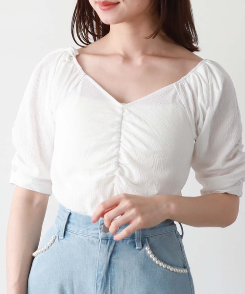 archives(アルシーヴ)の「2wayギャザー楊柳カットTOPS(Tシャツ/カットソー・レディース・オフホワイト/ブラック/アイボリー/グリーン・MEDIUM)」の1枚目の写真