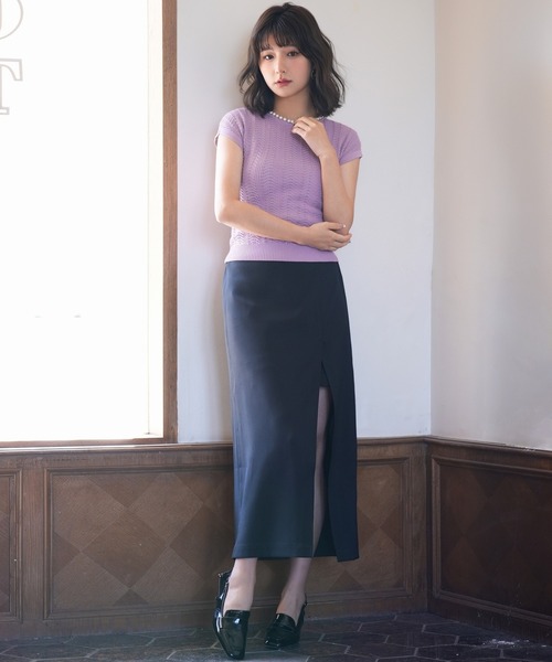 美品❣️パール付サマーニット SAISON DE PAPILLON｜パールネック付きショート丈サマーニット