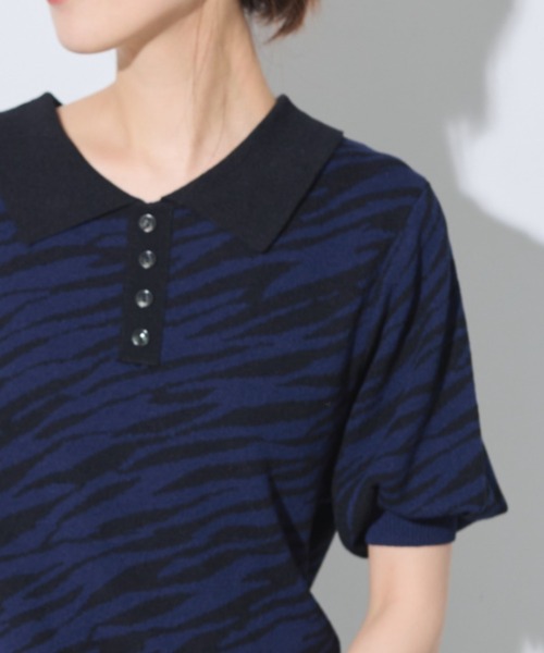 Solace（ソレイス）の「ゼブラジャガードポロニット（ニット/セーター・レディース・ブラウン/ホワイト/ネイビー・FREE）」の3枚目の写真