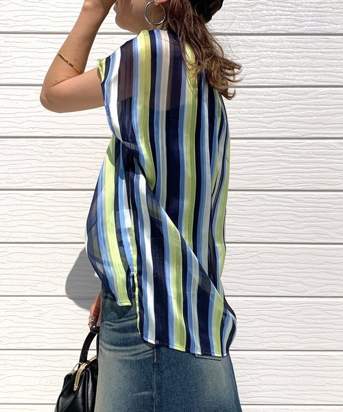 Q（キュー）の「ラメストライプスキッパーシャツ（シャツ/ブラウス・レディース・ベージュ系/ブルー系・MEDIUM）」の10枚目の写真