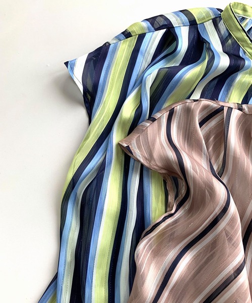 Q（キュー）の「ラメストライプスキッパーシャツ（シャツ/ブラウス・レディース・ベージュ系/ブルー系・MEDIUM）」の7枚目の写真