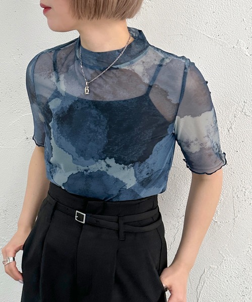 apres jour mignon（アプレジュールミニョン）の「オリジナルシアー柄トップス【ZOZOTOWN限定アイテム】（Tシャツ/カットソー・レディース・ブルー/ブラウン系その他/ブラック・フリー/X-LARGE）」の3枚目の写真
