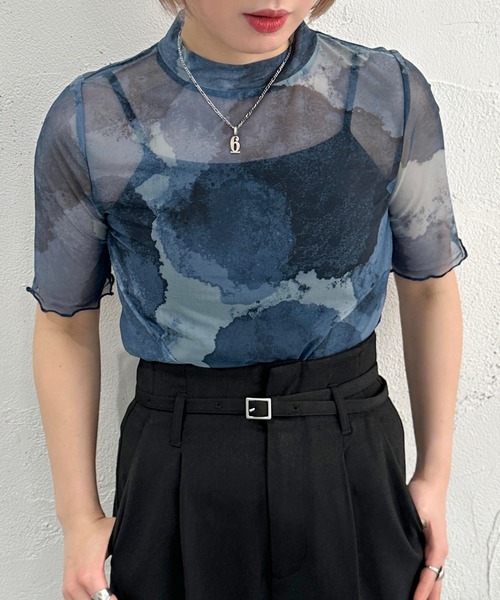 apres jour mignon（アプレジュールミニョン）の「オリジナルシアー柄トップス【ZOZOTOWN限定アイテム】（Tシャツ/カットソー・レディース・ブルー/ブラウン系その他/ブラック・フリー/X-LARGE）」の7枚目の写真