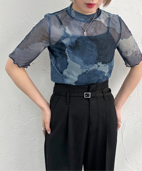 apres jour mignon（アプレジュールミニョン）の「オリジナルシアー柄トップス【ZOZOTOWN限定アイテム】（Tシャツ/カットソー・レディース・ブルー/ブラウン系その他/ブラック・フリー/X-LARGE）」の13枚目の写真