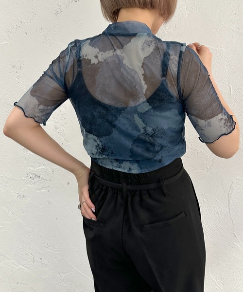 apres jour mignon（アプレジュールミニョン）の「オリジナルシアー柄トップス【ZOZOTOWN限定アイテム】（Tシャツ/カットソー・レディース・ブルー/ブラウン系その他/ブラック・フリー/X-LARGE）」の15枚目の写真
