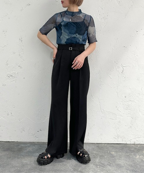 apres jour mignon（アプレジュールミニョン）の「オリジナルシアー柄トップス【ZOZOTOWN限定アイテム】（Tシャツ/カットソー・レディース・ブルー/ブラウン系その他/ブラック・フリー/X-LARGE）」の5枚目の写真