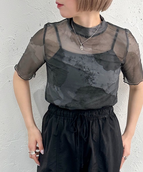 apres jour mignon（アプレジュールミニョン）の「オリジナルシアー柄トップス【ZOZOTOWN限定アイテム】（Tシャツ/カットソー・レディース・ブルー/ブラウン系その他/ブラック・フリー/X-LARGE）」の8枚目の写真